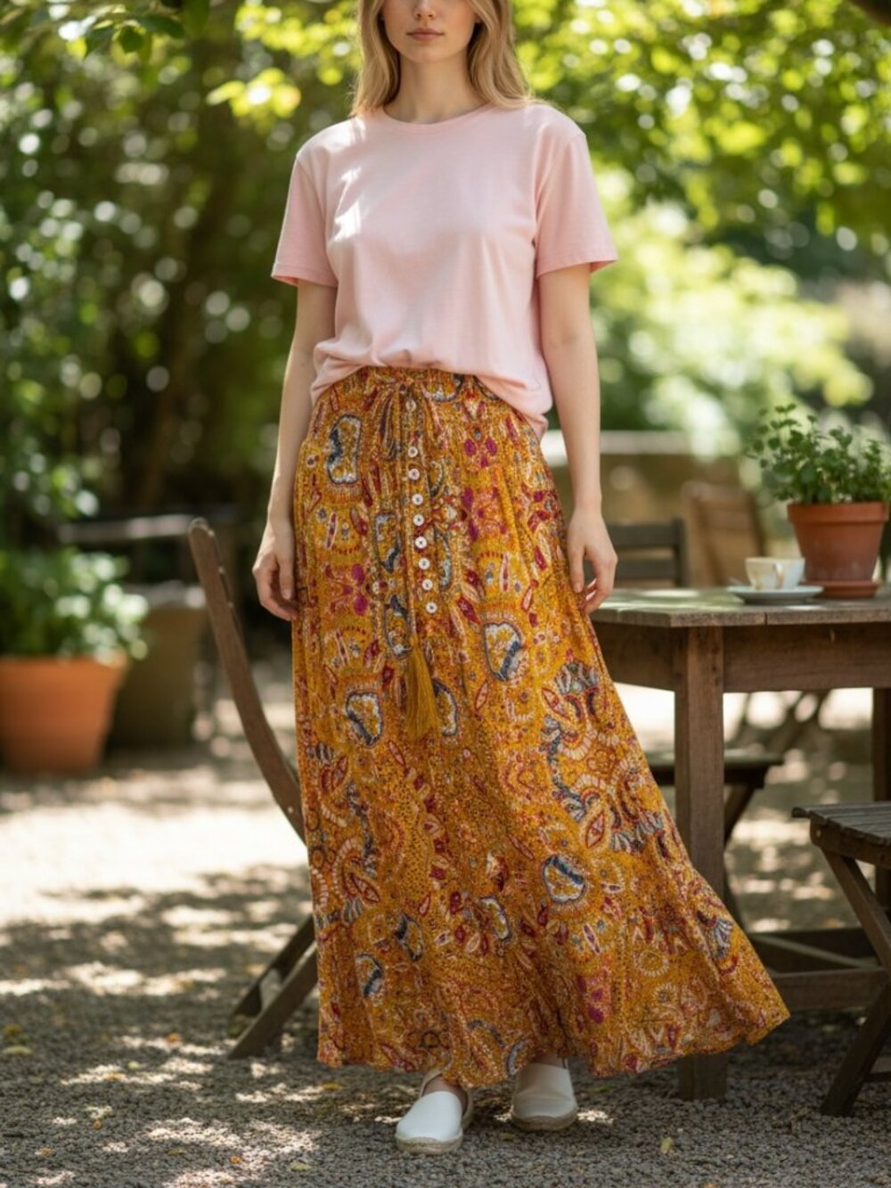 Rachel Zoe Linen Rayon Boho Printed Maxi Skirt Size Small Bohemian